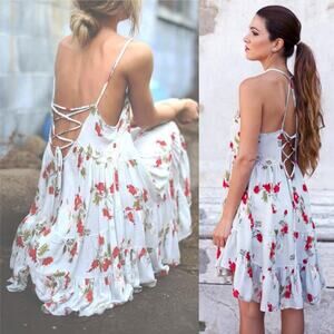 Intimately Free Circle of Flowers Back Tie Mini Shift Dress Baby Blue Red Small